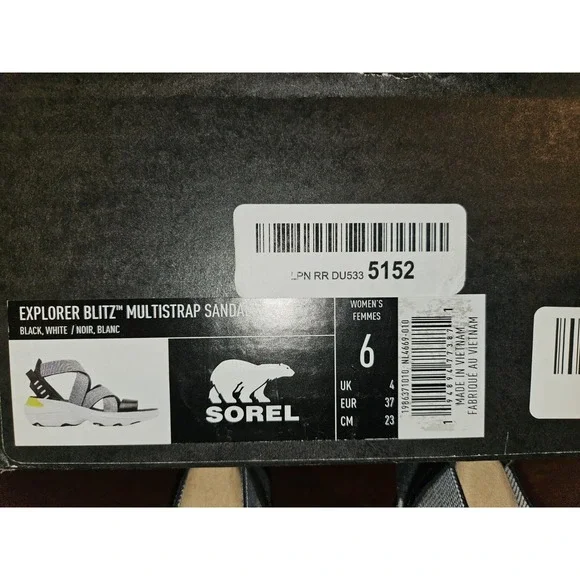 New Sorel Explorer Blitz Black White Strappy Sandals Women 6 New in box‎ - Picture 9 of 9